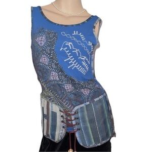 Save The Queen Royal Blue Patchwork Lace-Up  Corset detail Tank Top M RARe